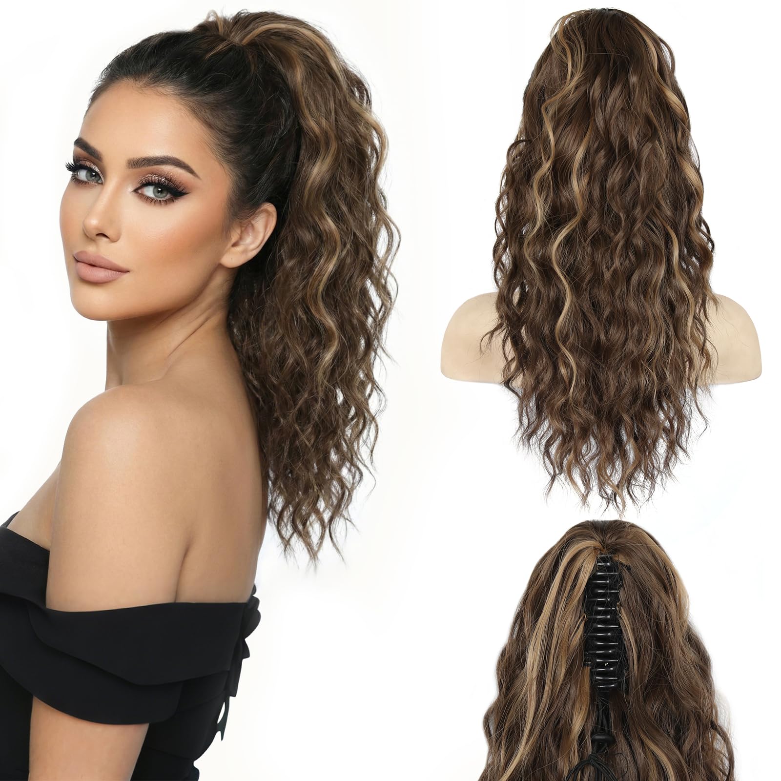 Photo 1 of 18 Inch Ponytail Extension - Wavy Pony Tails Hair Extensions, Claw Clip Ponytail Extension, Synthetic Hair Extensions Ponytail, Clip in Ponytail (Color: Medium Brown with Blonde Highlights)