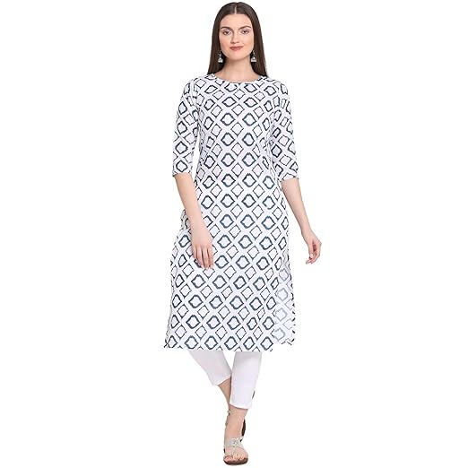 Womens White Cotton Straight Calf Length Block Printed Kurti(BAANI White)