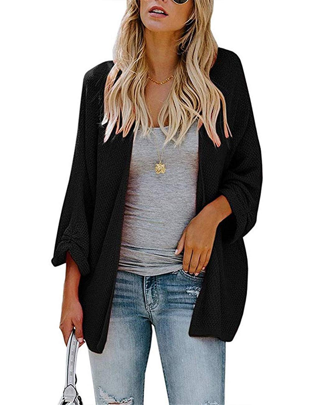 Poplover Womens Ladies Batwing Sleeve Cardigans Loose Open Front Knit Tops Sweater Black X-Large