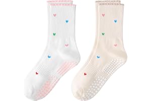 Pilates Yoga Grip Socks for Women, Cute Heart-Patterned Non-Slip Crew Socks Ideal for Fitness, Ballet Bar Work & Dance