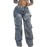 Lyaheima Baggy Jeans for Woman High Waist Patchwork Straight Leg Denim Pants Trendy Y2K Jeans for Club
