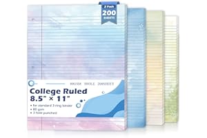 OKWUYIK 200 Sheets Letter Size Colored Loose Leaf Paper College Ruled For 3-Ring Binder 8.5" × 11" Colored Lined Filler Notebook Paper College Ruled Notepad 3-Hole Punched Watercolor 80gsm For School Office