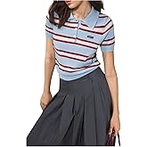 SweatyRocks Women's Summer Striped Sweaters Collar Button Short Sleeve Knit Tops