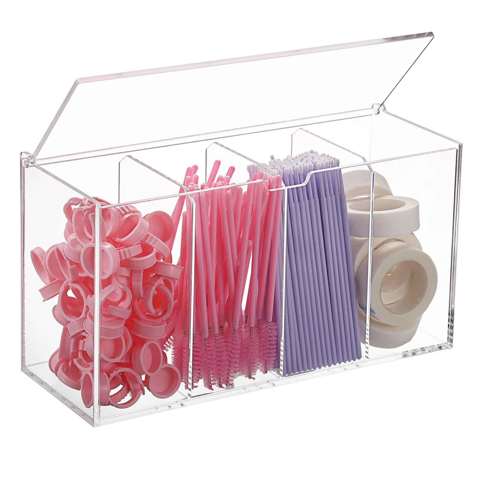 Photo 1 of ELLDOO Lash Extension Organizer Box with Lid, Acrylic Eyelash Supplies Organizer Storage Box, 4 Compartments Bathroom Supplies Storage Container for Cotton Swabs, Balls, Pads, Floss Picks