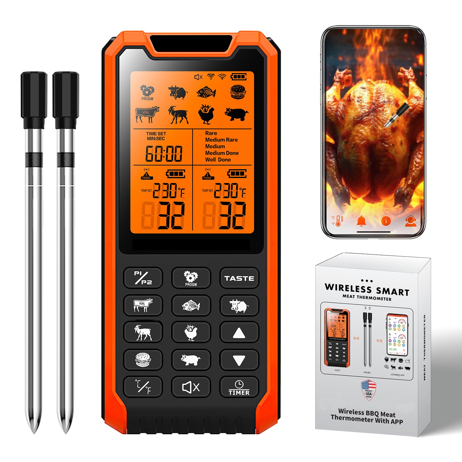 Photo 1 of **INCOMPLETE** PRAVETTE Smart Bluetooth Meat Thermometer - Long Range Wireless Food Thermometer, Digital Meat Thermometer with Dual Probes for BBQ Grill, Oven, Smoker, Air Fryer