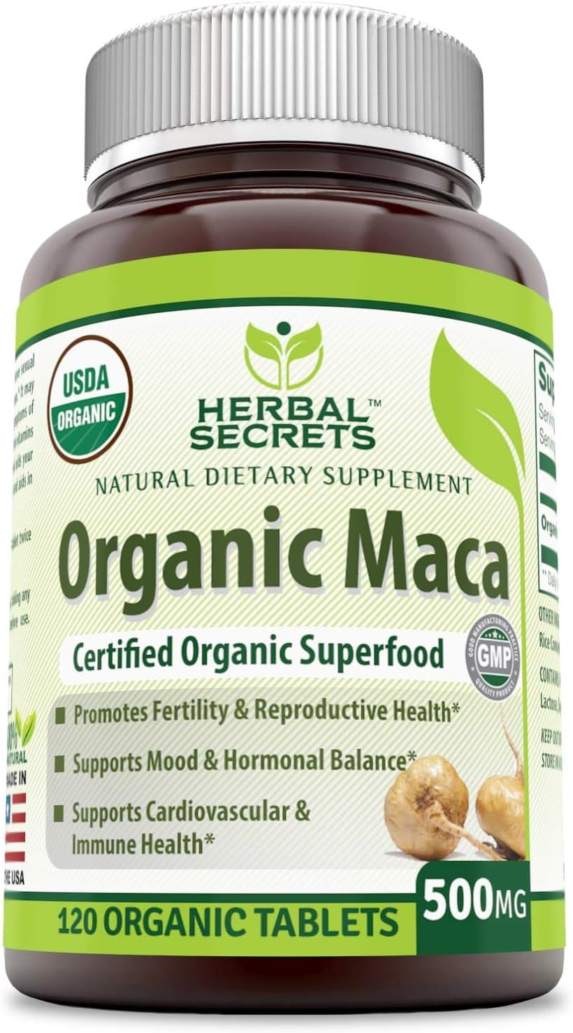 Herbal Secrets Organic Maca 500 mg 120 Organic Tablets (Non-GMO)- Promotes Fertility & Reproductive Health* Supports Cardiovascular Health, Immune Function*