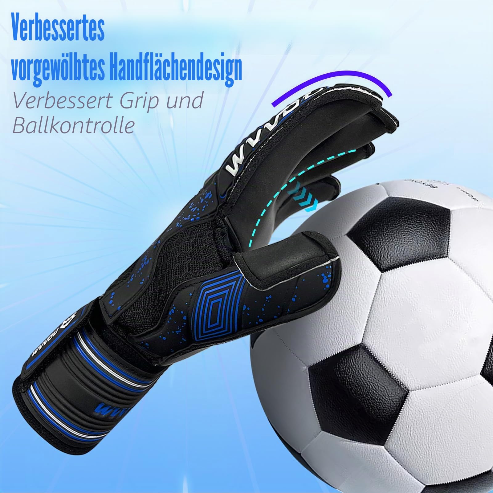 WVVOU Torwarthandschuhe Kinder und Herren Größe 9 Schwarz, Abnehmbarer Fingersave, 4+3 mm Latex, rutschfest, Fußball-Training und Spielbetrieb, Atmungsaktives Netz 7