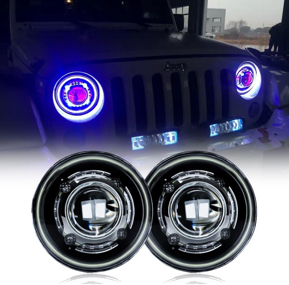 SXMA 7 Inch 35W Round LED Projectors Headlights with Demon Angel LED Halos Ring fits Jeep Wrangler JK CJ TJ LJ 06-17 DOT…