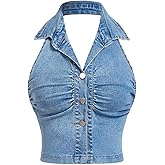 WDIRARA Women's Plus Size Button Up Denim Halter Top Ruched Sleeveless Backless Jean Tank Tops