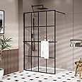 Goodyo 46" x 72" Shower Glass Door Tempered Glass Shower Screen with Towel Rack Tool Bar for Walk in Bathroom, 16-Grid Modern Desigh, Matte Black Finish