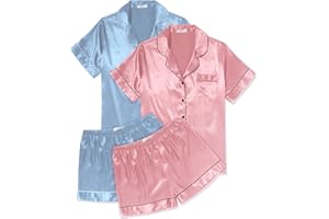 Ekouaer 2 Pack Pajama Sets for Women Silk Satin Pj Short Sleeve Button Down Sleepwear Top and Shorts Summer Lounge Set S-XXL