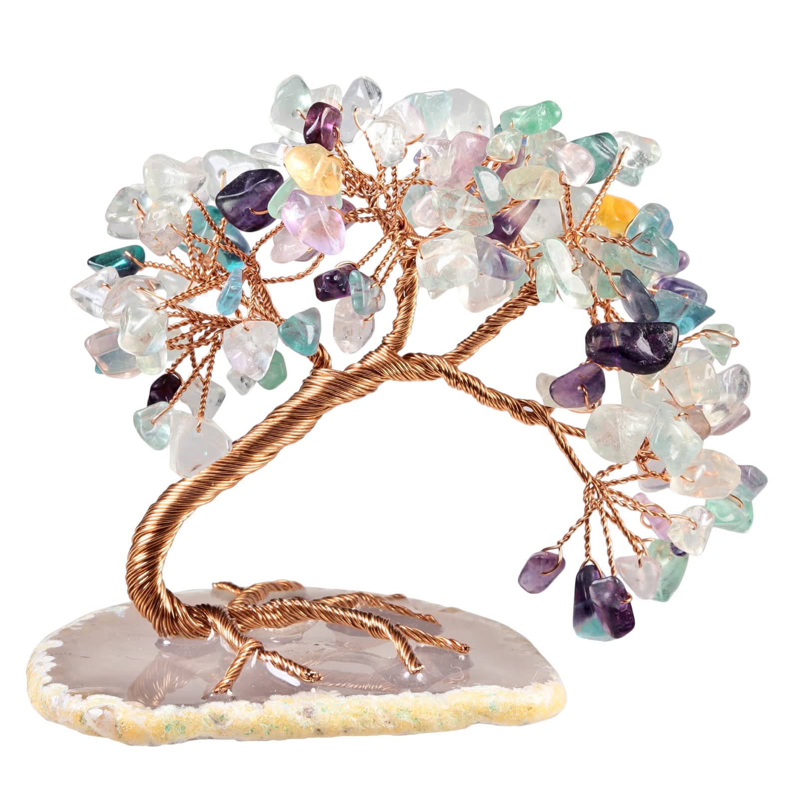 KYEYGWO Fluorite Crystal Money Tree FengShui Bonsai Figurines with Agate Slices Base, Crystal Tree Home Office Ornament for Good Luck and Wealth, 3-4 inches Tall