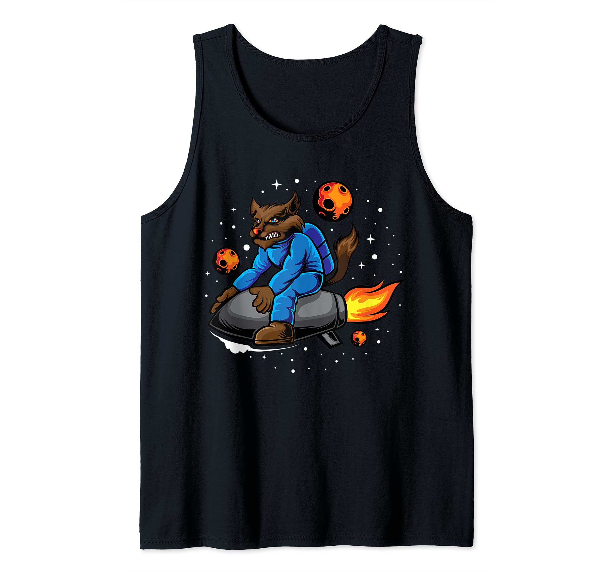 Astrowolf Wolf Astronaut on Rocket Flying Space Comic Geek Tank Top