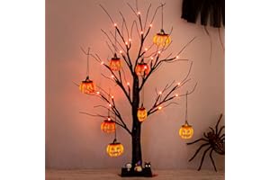 PEIDUO Halloween Indoor Decor, 2FT Halloween Tree with 24 Orange Lights and 8 Pumpkin Ornaments, Light up Halloween Decorations Black Tree with Timer for Indoor Home Desk Table Decor Battery Powered