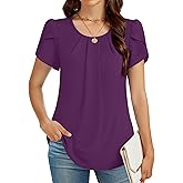 FUNLINGO Womens Tops Dressy Casual Summer Tunic Chiffon Blouse Pleated Front Crew Neck Shirts Loose Fit Business Flowy Top