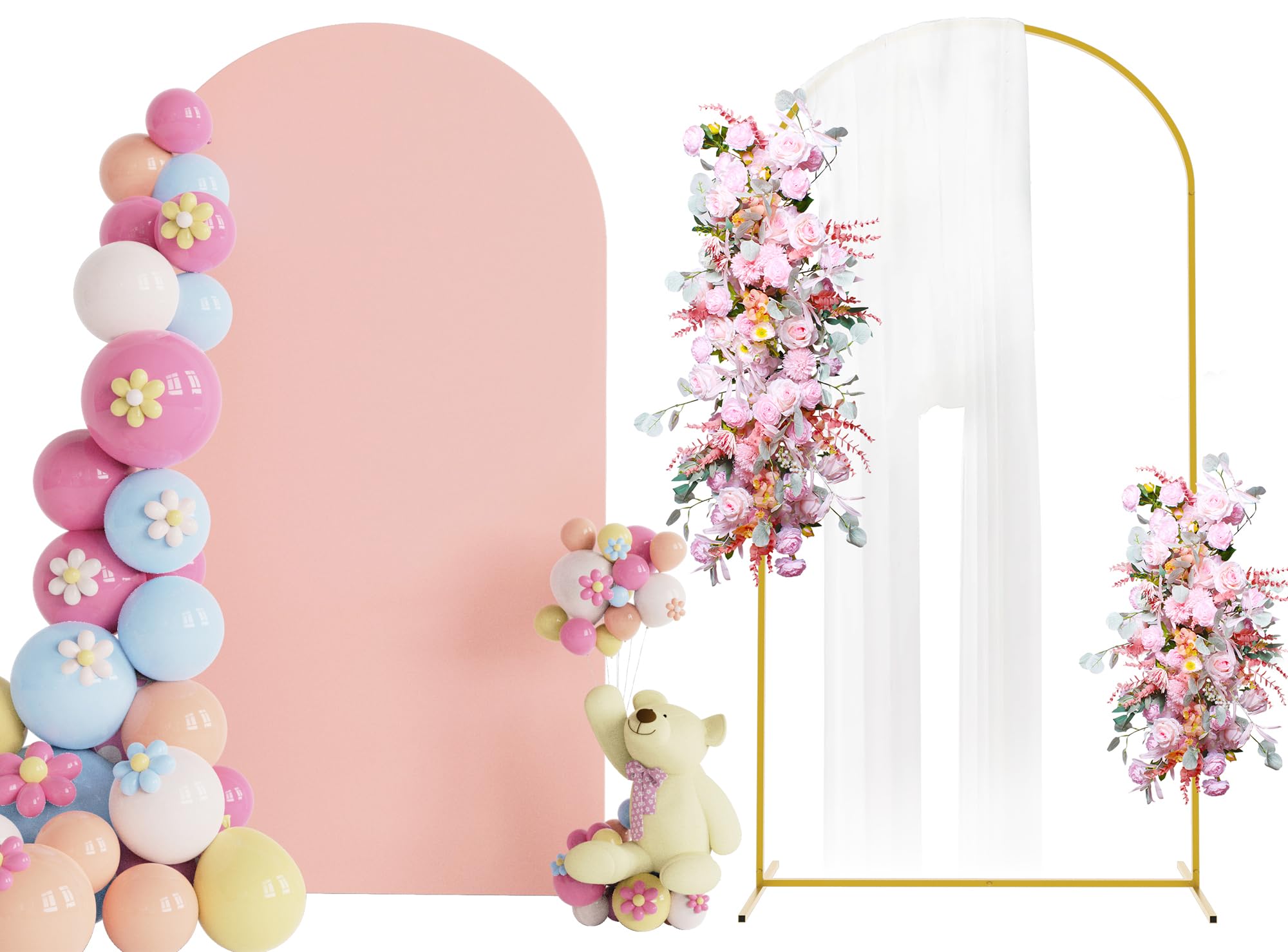 Photo 1 of Putros 7.2ft Metal Arch Stand with Cover Pale Pink Spandex Fitted Wedding Arch Cover and Round Top Chiara Backdrop Stand Set for Birthday Party Baby Shower Decoration