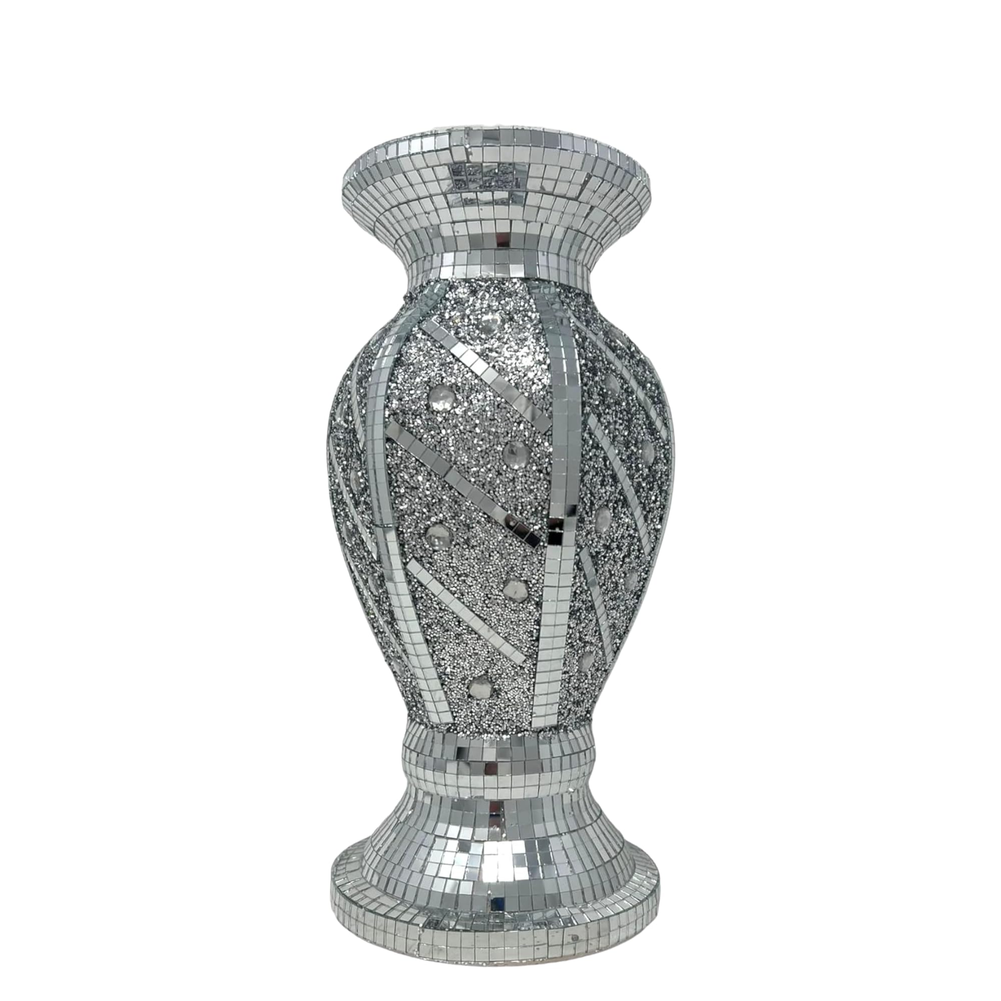 Crushed Diamond Silver Sparkle Flower Vase, Pot, Modern Design, Elegant Floral, Stunning Home Decor, Handmade, Durable, 25cm, Art Deco