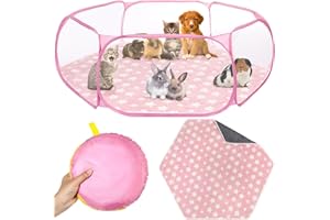 VitalCozy Hamster Playpen with Mat Small Animal Cage Tent Breathable Transparent Guinea Pig Playpen Waterproof Portable Yard Fence Mat Foldable Exercise Playpen Outdoor Indoor (Pink,Star)