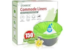 JOCCIK Bedside Commode Liners, 150 Bags + 150 Pads for Bedside Toilet Chair Bucket, Super Absorbent, Unscented, Leak-Proof, Universal Size