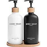 Luxury Glass Hand and Dish Soap Dispenser Set by Brighter Barns - Kitchen Soap Dispenser Set with Tray - Bamboo Pump Bottle for Kitchen Sink - Boho Home Decor, Modern Decor in Restaurant (Black/White)