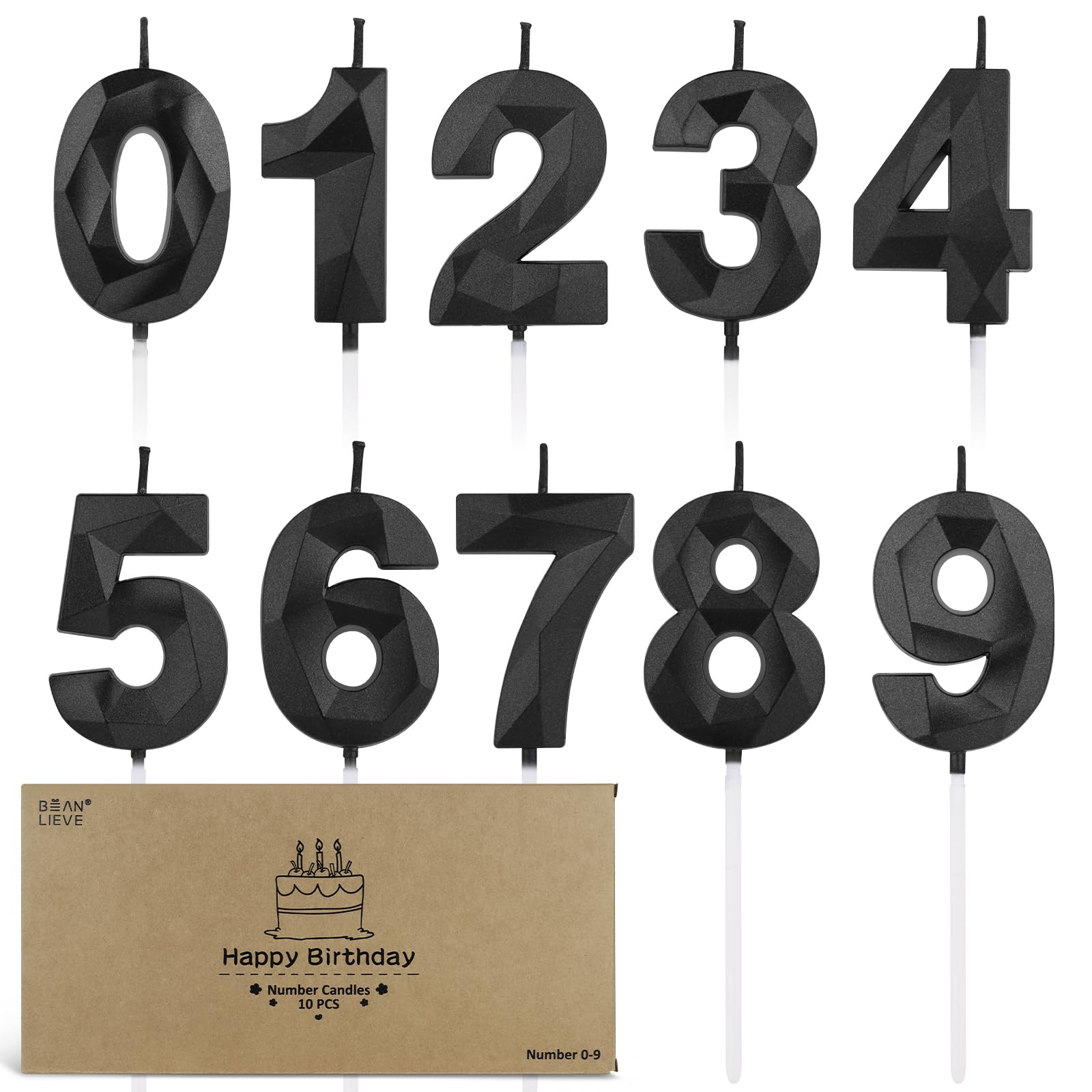 Photo 1 of BEAN LIEVE Number Candles 0-9 Set - 10-Pack Diamond-Cut Birthday Candles, Cake Candles - Bulk Cake Decor for 1st-98th Birthdays, Photos, Parties - Kids Women Family Celebrations (Black)