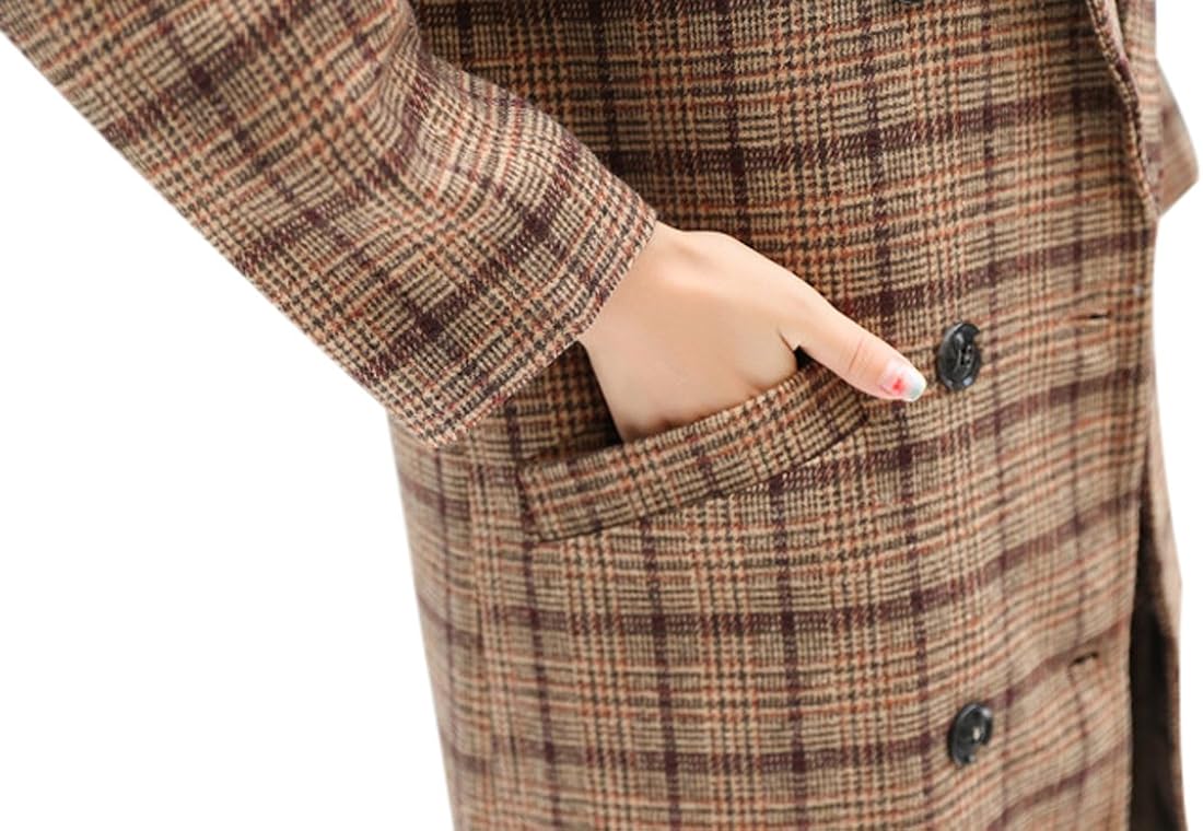 Tanming Women's Double Breasted Long Plaid Wool Blend Pea Coat Outerwear: Clothing