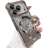Changjia Glitter Kickstand Case for iPhone 17 Pro,Cute Luxury Bling Sparkle Case with Camera Lens Protector Liquid Flowing Ring Stand Soft TPU Shockproof Women Girl Cover for iPhone 17 Pro 6.3",Silver