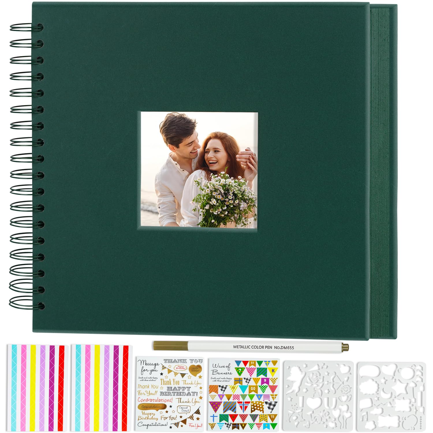 Miaikoe 20.5x20.5 cm DIY Scrapbook Album with Window Hardcover Kraft Blank Paper Scrap Book with 40 Sheets Photo Album for Guest Book, Family Wedding Anniversary (Dark Green)