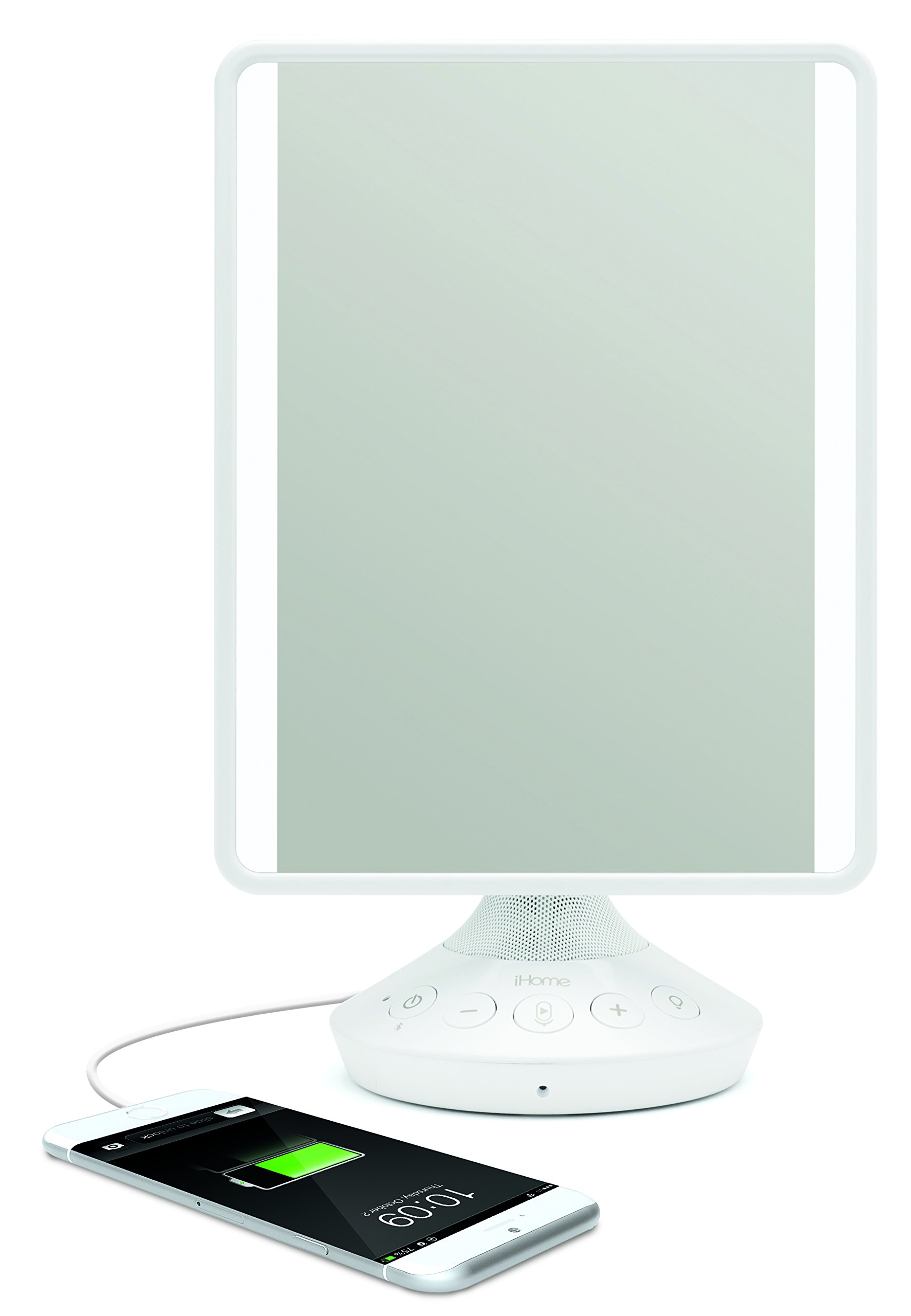 iHome 7'' x 9'' Reflect iCVBT2 Adjustable Vanity Mirror with Bluetooth Audio, Hands-Free Speakerphone, LED Lighting, Siri & Google Support USB Charging, Flat Panel LED Lighting (White) by iHome