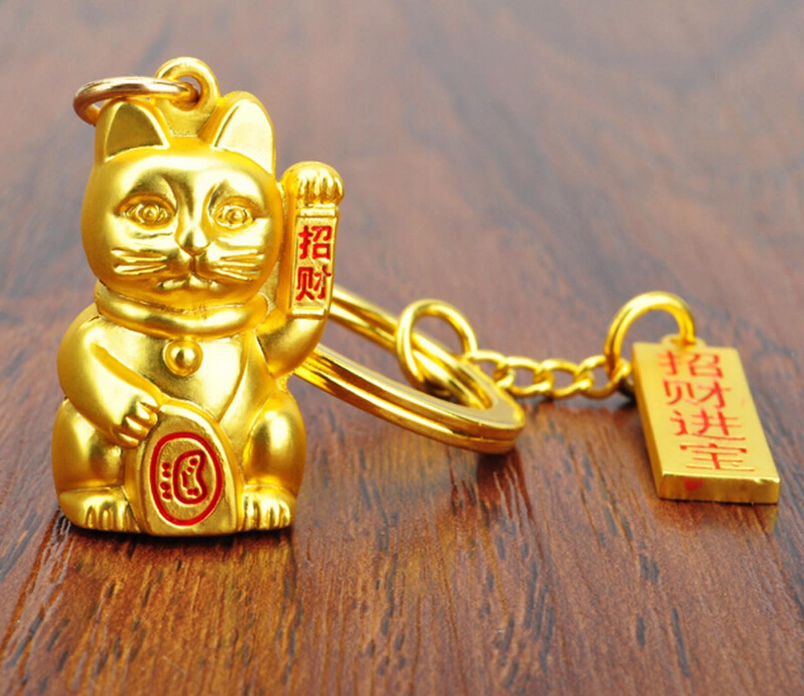 aufodara Lovely Solide Alloy 3D Lucky Cat Keychain Metal Fortune Cat Pendant Keyring (Gold)