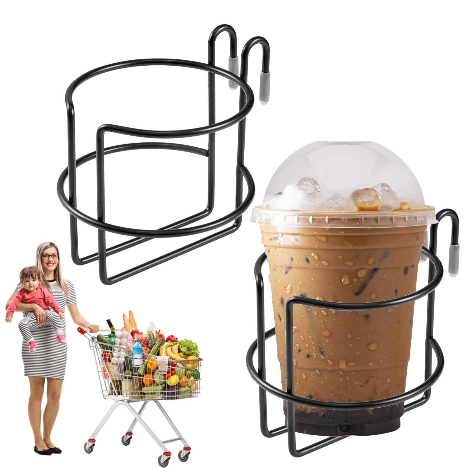 Photo 1 of 2 Pcs Shopping Cart Cup Holder with Bottom Bar, Updated Portable Cup Holder Reusable Grocery Cart Drink Holder Stainless Steel Cups Holder for Hanging Stanley Cup Coffee Cup Baby Bottle (Black)
