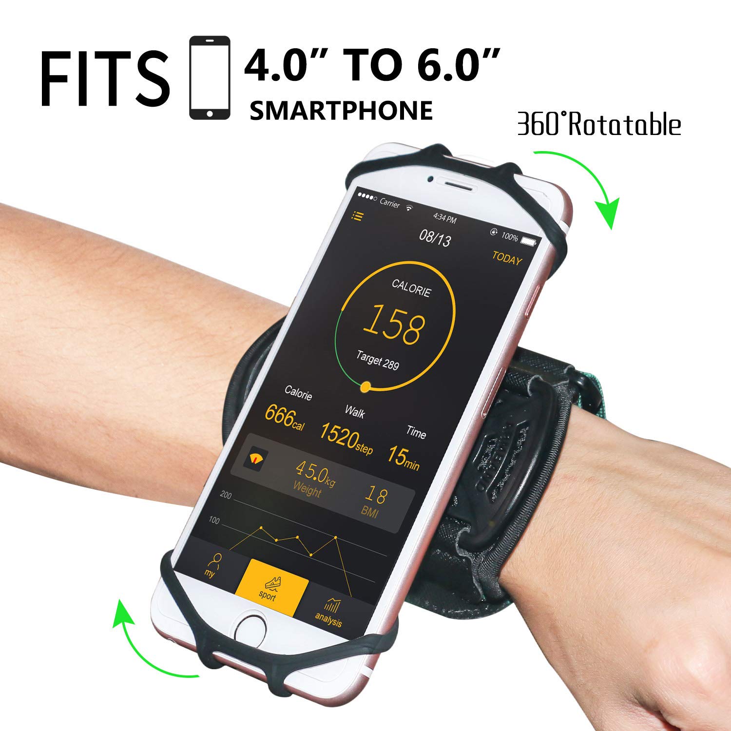 Wristband Phone Holder, 360°Rotatable Universal Sports Wristband for Running, Cycling, Jogging, Hiking, Walking Compatible with Galaxy S8 / Google Pixel