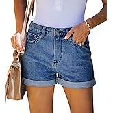 onlypuff Women Denim Shorts Ripped Mid Waisted Jean Shorts with Pockets