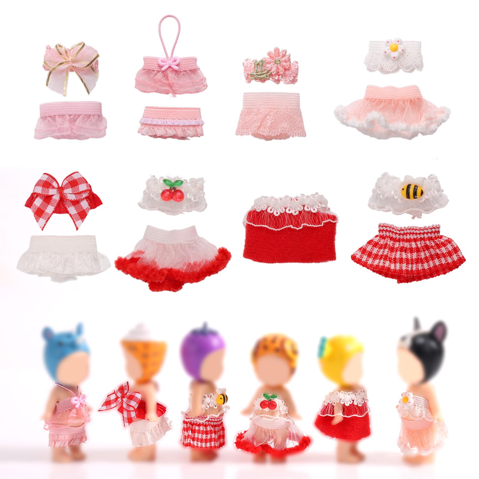 penitue 8 Sets 3in/7.62cm Doll Outfits, Handcrafted Adorable Outfit with Tops & Skirts Funny Doll Costume Clothes Accessories Suitable for Sonny Angel Hippers Display and Decoration (Pink, Red)