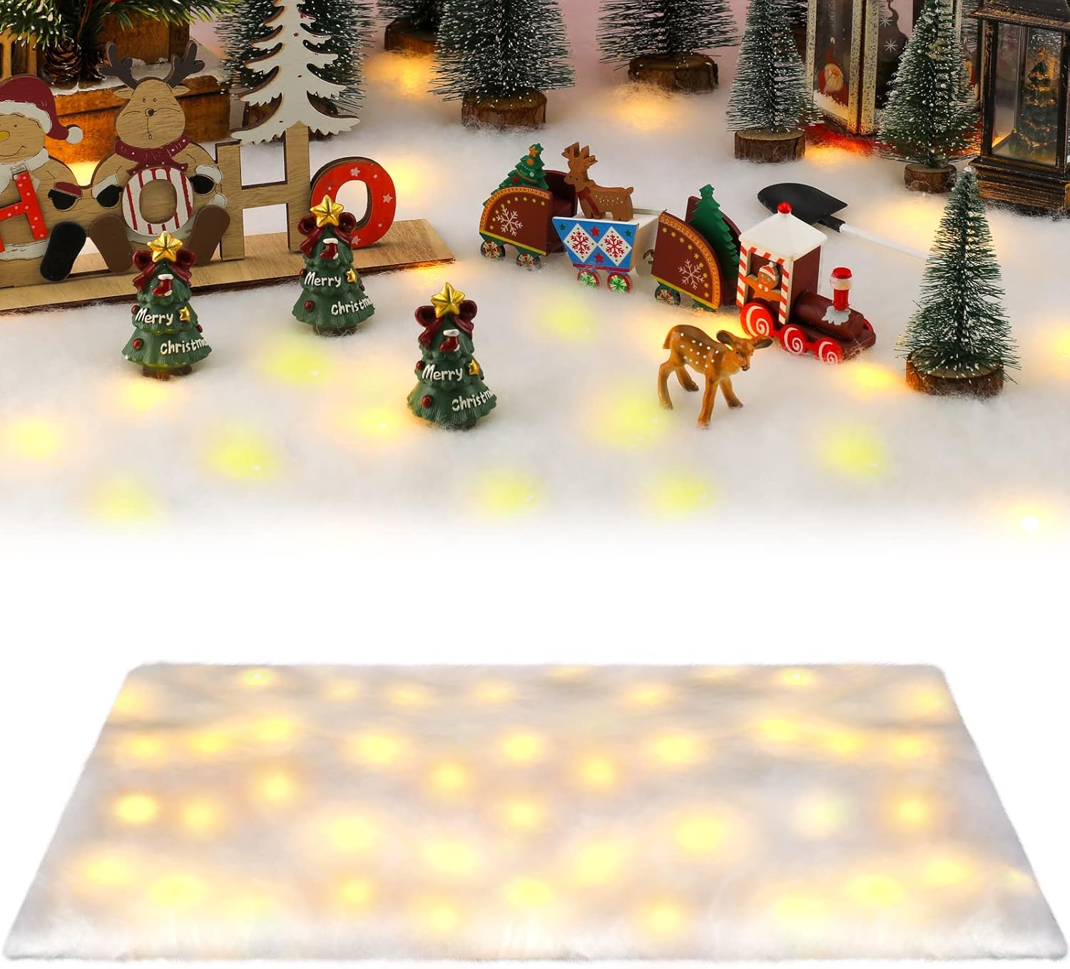 Artificial Snow - LED Christmas Snow Blanket Roll with Lights, Lighted Snow Blanket With 4 Rolls LED Light Strings, Artificial Winter Fake Snow Blanket Table Runner for Christmas Village Tree (1 Pack, 35 Inch x 8 Feet)