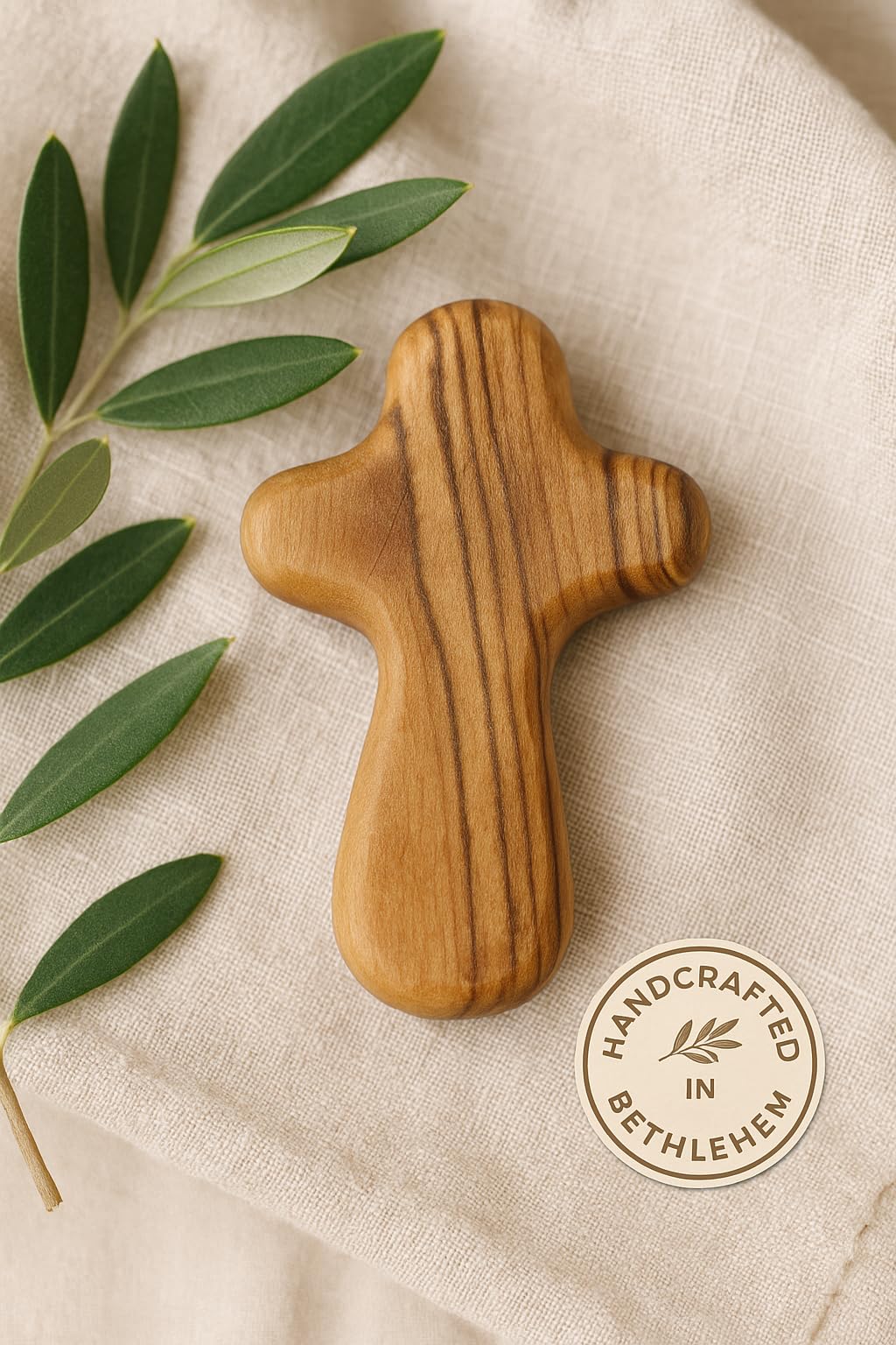 Zuluf 100 Small Olive Wood Comfort Crosses from Bethlehem Israel | Pocket Holding Crosses | Comes With 100 Holy Land Certificates 6cm / 2.5 Inch Each Cross - CRS301