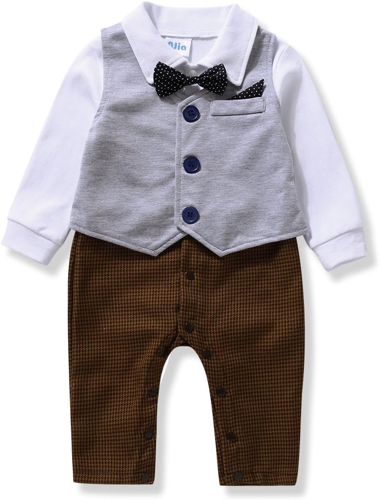 Adoy Gentleman Style Baby Boy's Romper&Vest&Bowtie 3 Pieces Clothes Suit (90(12-18Month), Gold)