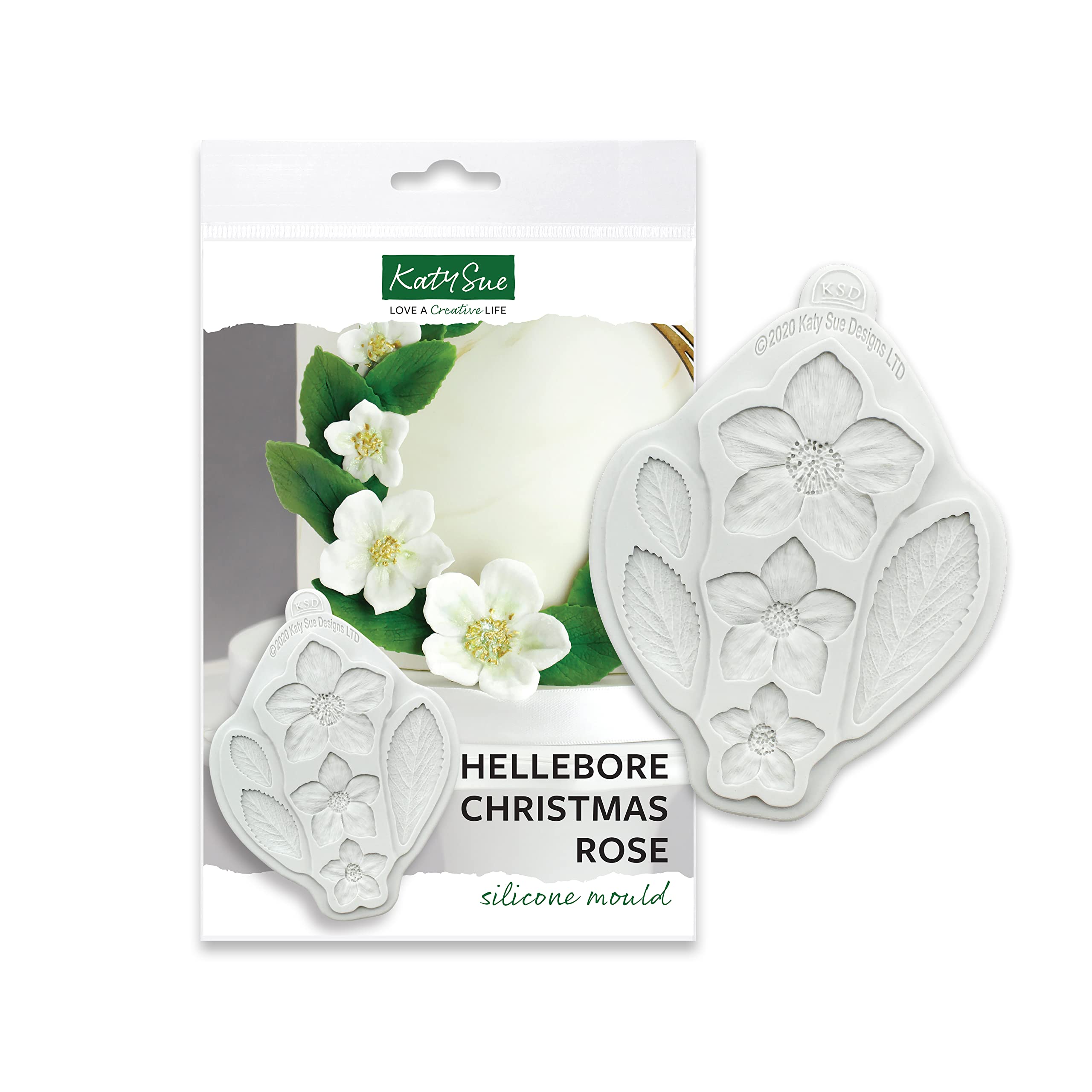 Katy Sue Hellebore Christmas Rose Silicone Mould for Christmas Cake Decorating & Craft. Makes 3 Hellebore Rose Heads (52, 38 & 28 Millimetre Diameter) & Leaves for Fondant, Air Dry & Polymer Clay