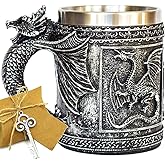 Medieval GOT Dragon D&D Game Mug of Thrones Merchandise Beer Steins Viking Tankard Stainless Coffee Cup Gift Mug for Dragon Collector, Themed Party Decoration