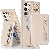 DEYHU for Samsung Galaxy S22 Ultra Phone case with Card Holder with Compatible magsafe Magnetic, Key Chain PU Leather Flip Kickstand Detachable 2-in-1 Wallet case Women Men-Warm White