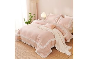 Jolusere Pink Ruffle Duvet Cover Set Full Size Girls Pink Princess Ruffled Comforter Cover Teens Kids Solid Color Bedding Soft Vintage French Country Duvet Cover 80x90 Soft Microfiber, Zipper Closure