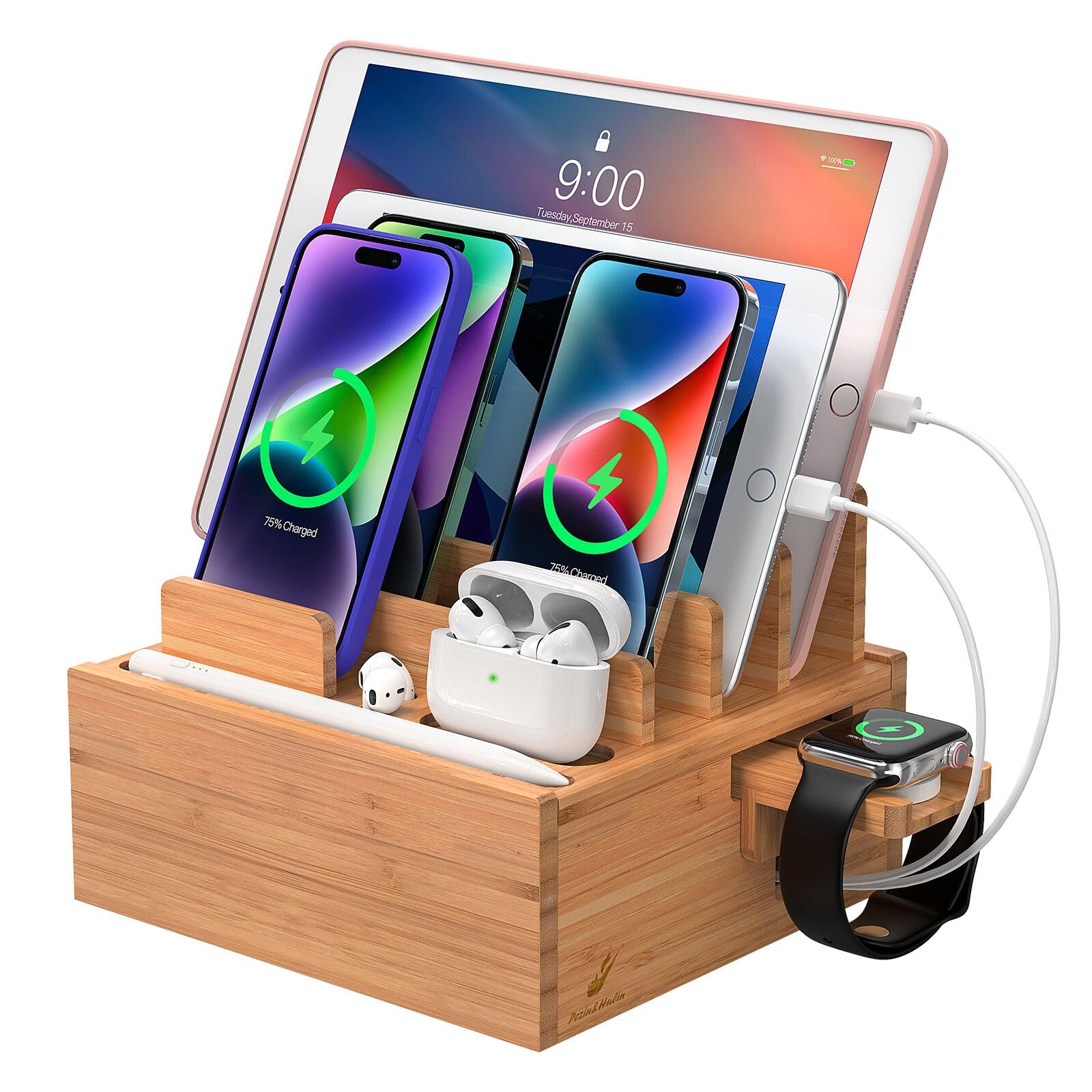 Pezin & Hulin Wooden Charging Docks, Docking Rack for Multi Devices, All In One Charging Station Organizer for Phones, Tablet, Smart Watch, Natural Bamboo