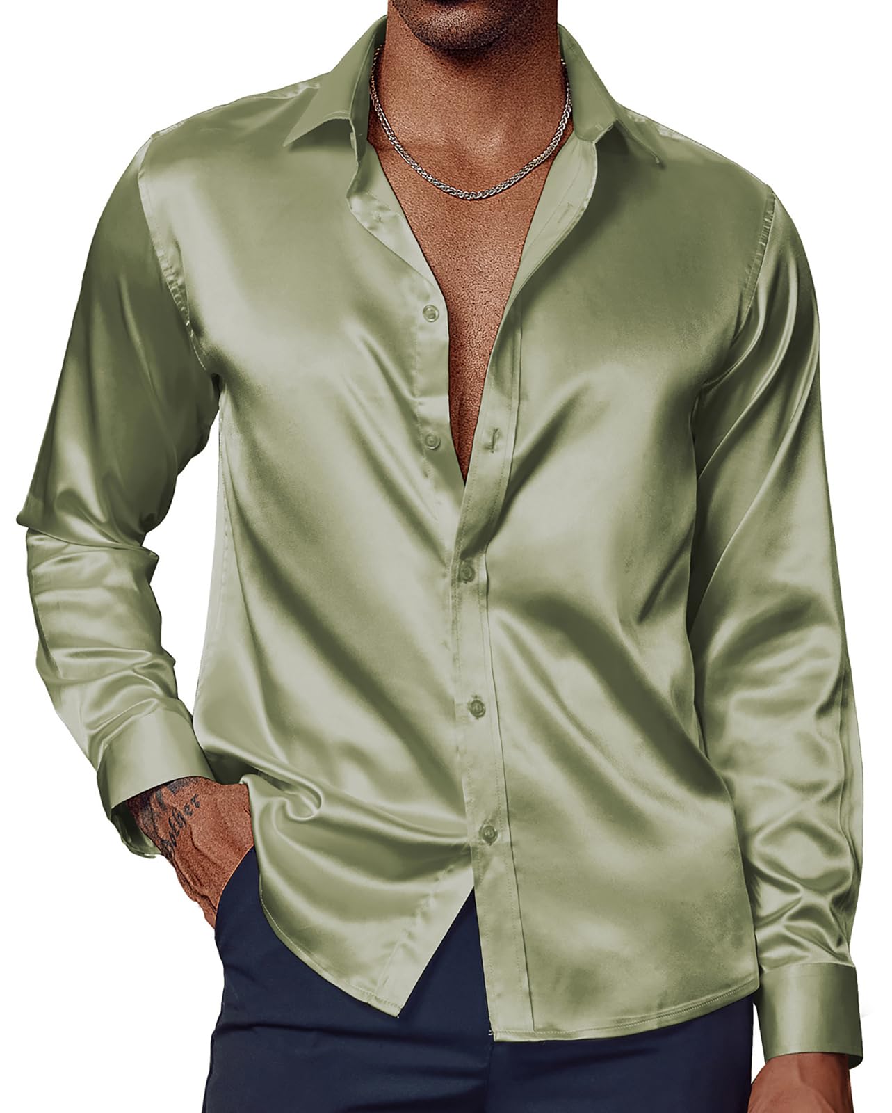 Photo 1 of PJ PAUL JONES Mens Satin Silk Shirts Button Down Long Sleeve Disco Shirt Easter Party Green S