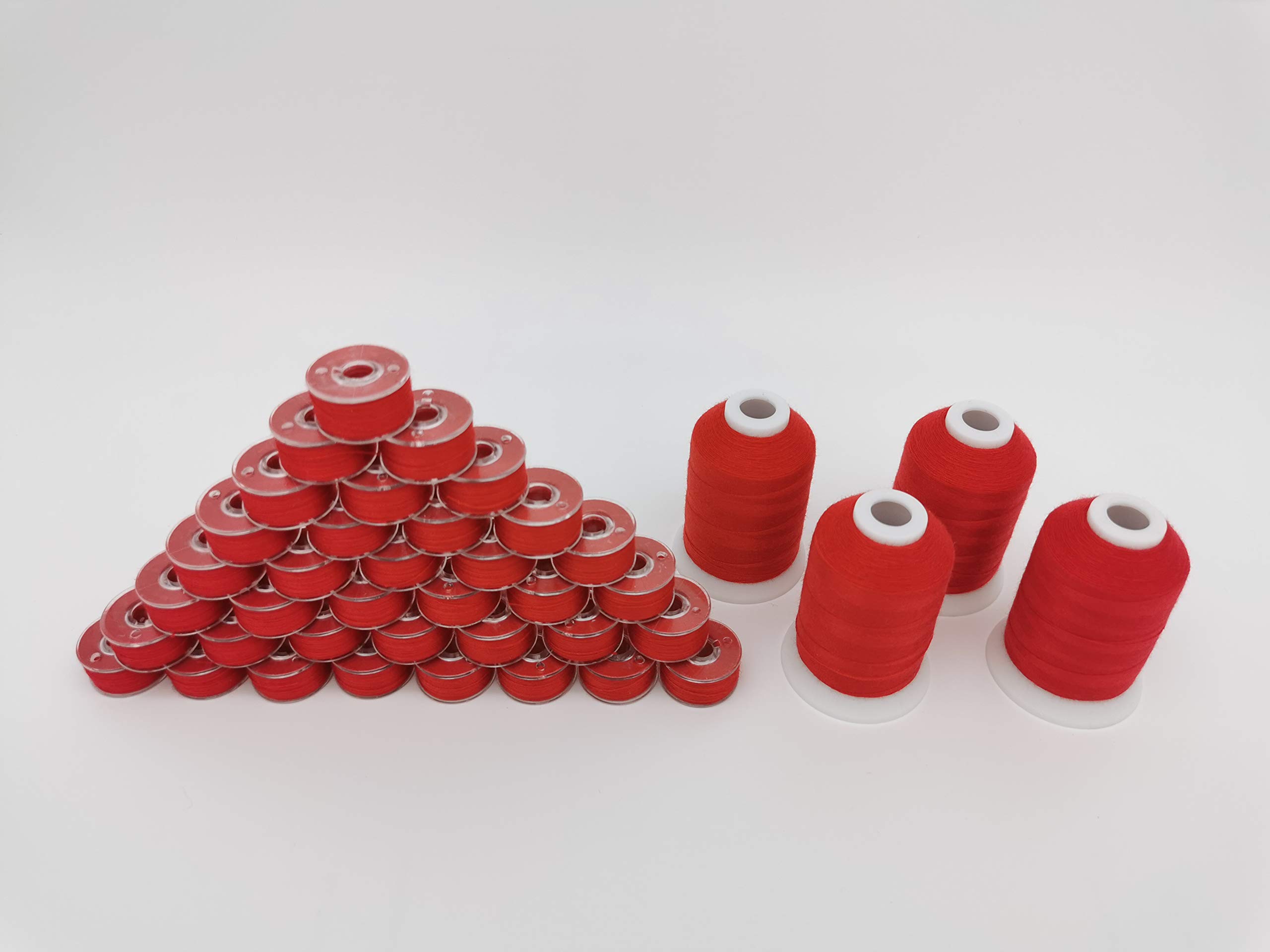 DOUBLELIN Sewing Thread Combo, 36pcs Size L, Style L, SA155, Size 9.4 Plastic Sided Prewound Bobbin+4 spools Thread, 40S/2 34wt Spun Polyester (800 Red)
