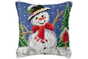 Ylkgogo Latch Hook Kits DIY Throw Pillow Cover Pre-Printed Snowman Canvas Needlework Handicrafts for Kids & Adults Family Activity Sofa Decor 17'' x 17''