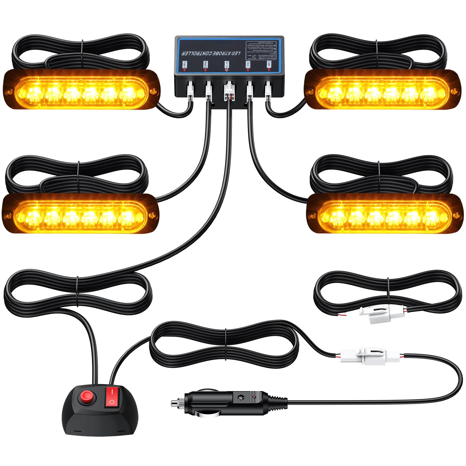 Justech 4x6LED Amber Strobe Lights, Hazard Warning Beacon, Emergency Flashing Lights, 12V/24V Universal for Car, Truck, Trailer, Camper Van