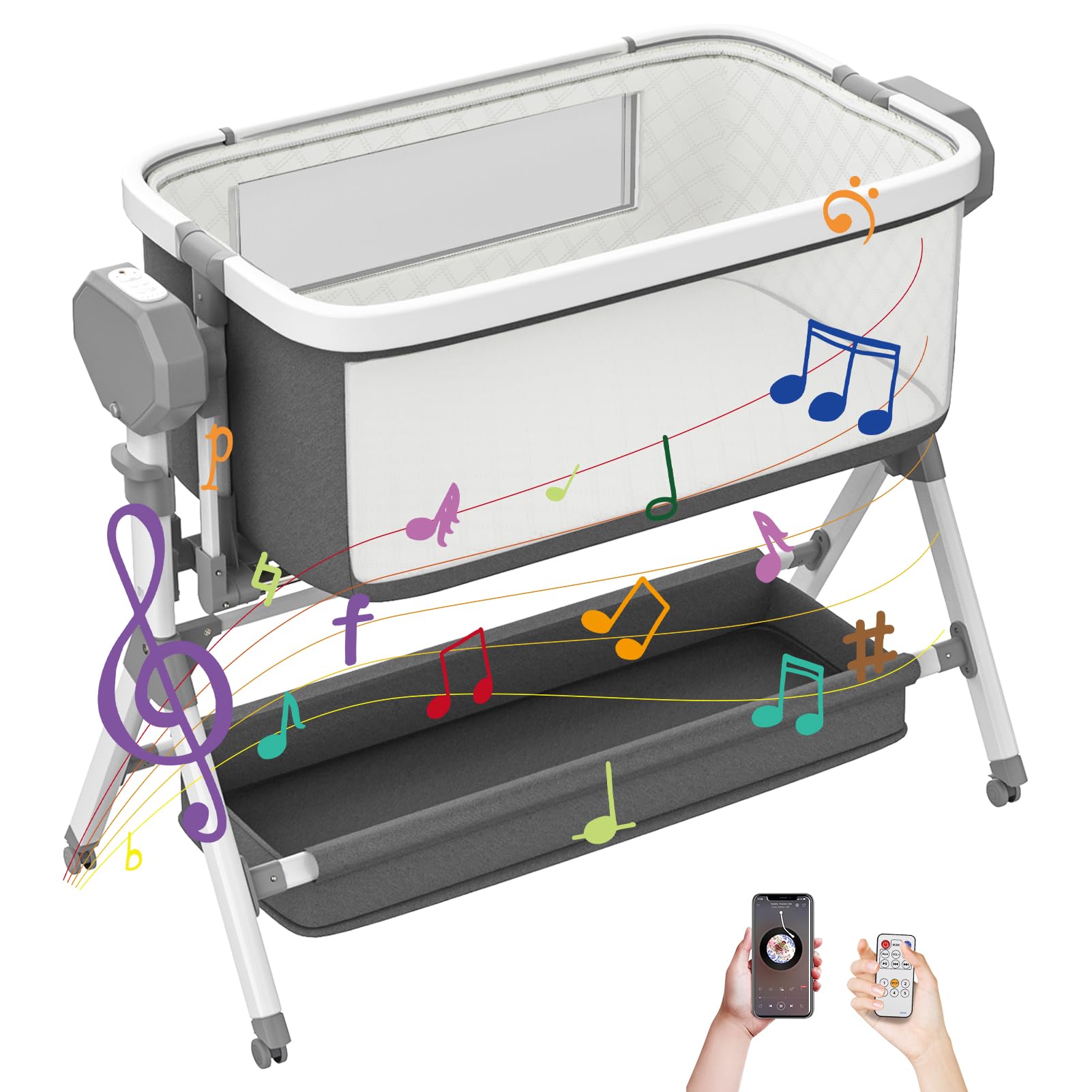Photo 1 of Electric Rocking Bassinet for Baby, Automatic Baby Bedside Bassinet Cribs 3 Height Adjustable, Smart Baby Bassinets Sleeper on Wheels,Remote Control Rocking Baby Cribs for Newborn with 5-Speed Swing