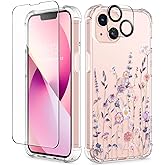 GVIEWIN Designed for iPhone 13 Case 6.1 Inch, with Tempered Glass Screen Protector + Camera Lens Protector Clear Flower Soft & Flexible Shockproof Floral Women Phone Cover (Floratopia/Colorful)