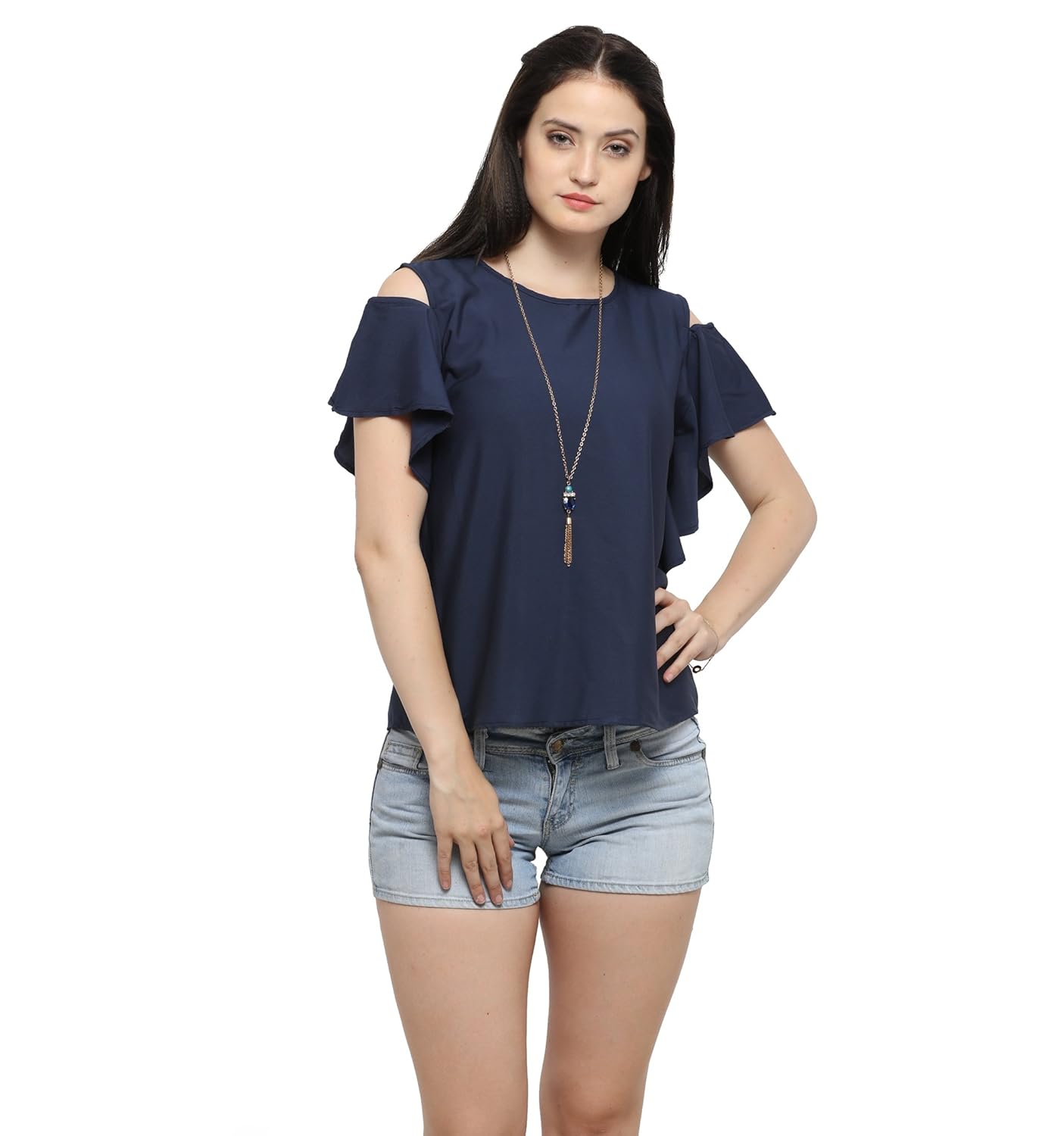 serein women's top (navy crepe top with cold shoulder and ruffles)