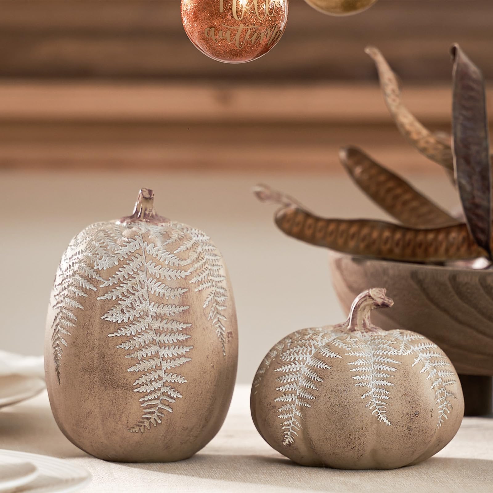 Photo 1 of DN DECONATION 2-Pack Fall Pumpkin Decorations for Home, Faux Pumpkins for Decorating, Rustic Brown Resin Pumpkins Decor with Carved Leaves – Thanksgiving Table Centerpiece, Modern Farmhouse Fall Decor